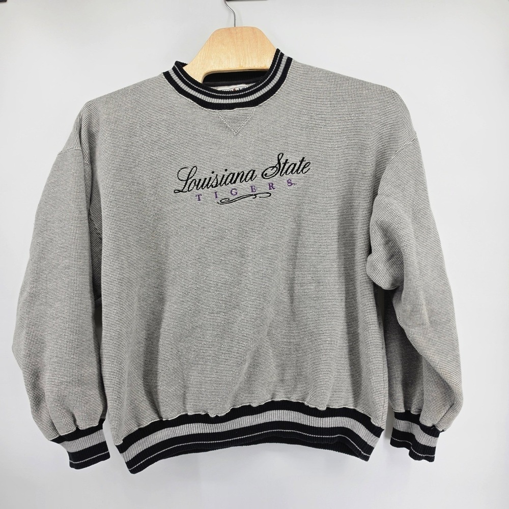 90s Time Out LSU Tigers Sweatshirt Mens XL Grey Micro Knit Embroidered Vintage